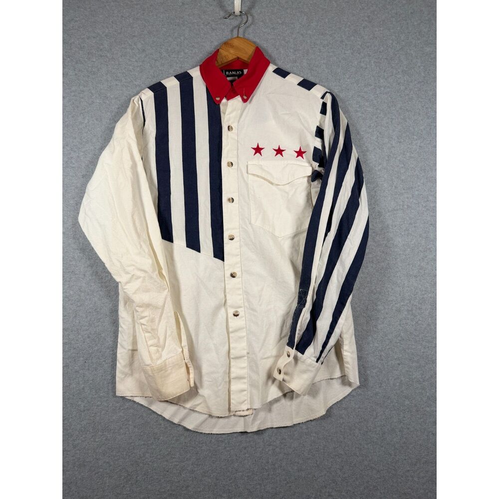 Vintage Banjo Dallas Texas Men's M Red White Blue Western Star Shirt 3995